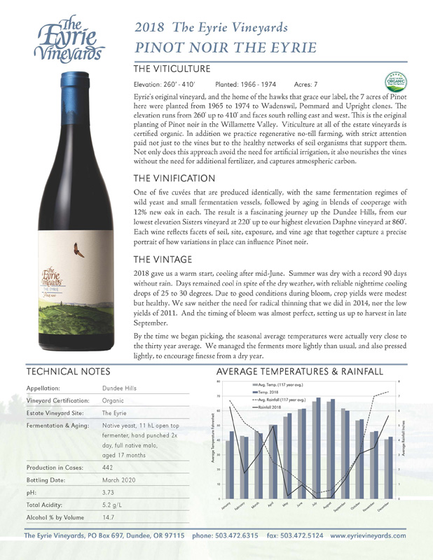 2018 The Eyrie Vineyards PINOT NOIR THE EYRIE Fact Sheet
